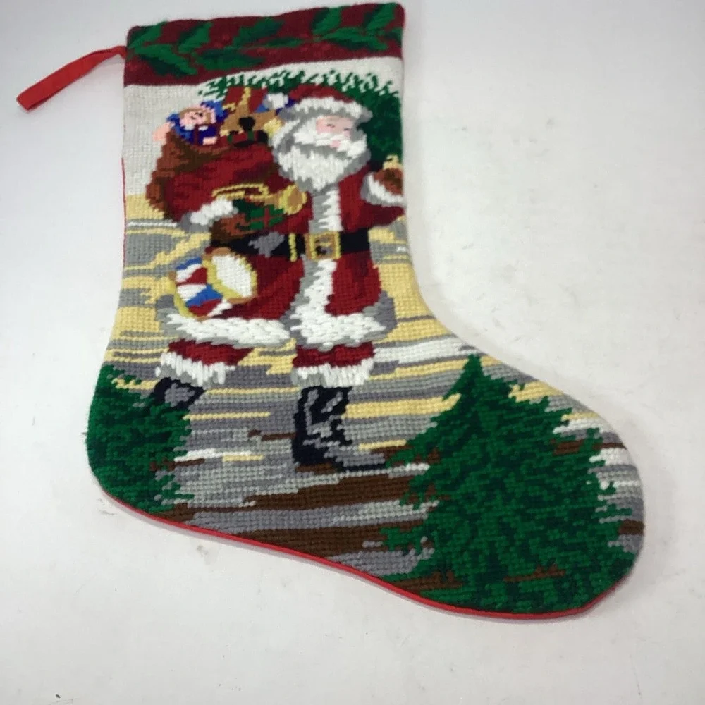 Needlepoint Embroidered Christmas Stocking SANTA BAG 15